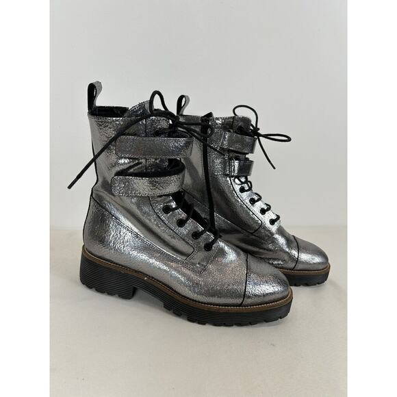 Shellys London Shoes - Shellys London Bootie 39 Silver Metallic Distressed Leather‎ Combat Boots Womens